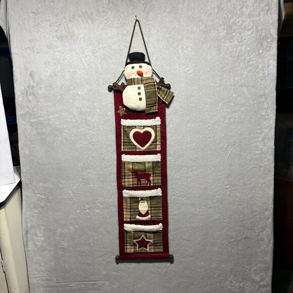 Snowman Wall Hanging With Pockets 45" Festive Plaid & Felt Christmas Card Decor - Picture 4 of 7